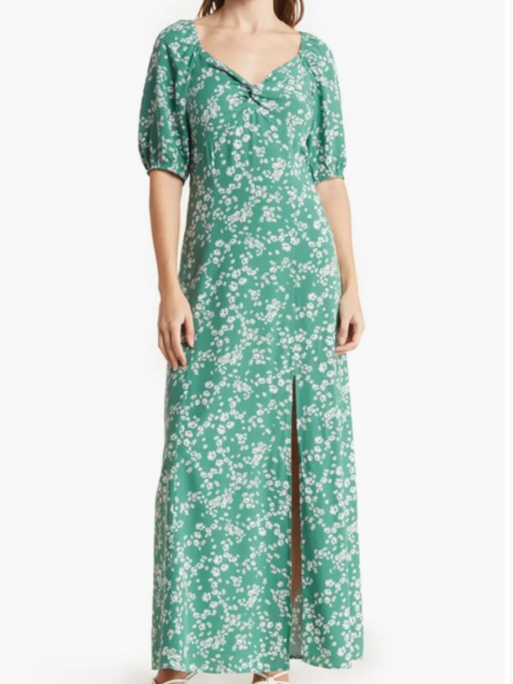 DR2 women size Medium Floral Sweetheart Puff Sleeve Maxi Dress green